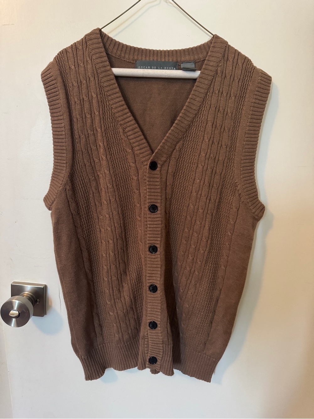 Oscar de la Renta Chestnut Brown Cable-Knit Button Front Sweater Vest